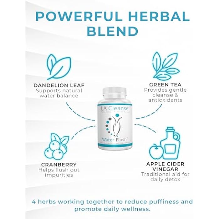 LA Cleanse Water Flush - Natural Water Away Pills for Swollen Legs & Feet - Water Retention Pills for Swelling & Bloat Relief with Potassium, B-6, Dandelion & Green Tea - 1 Pack, 60 Count - Image 3