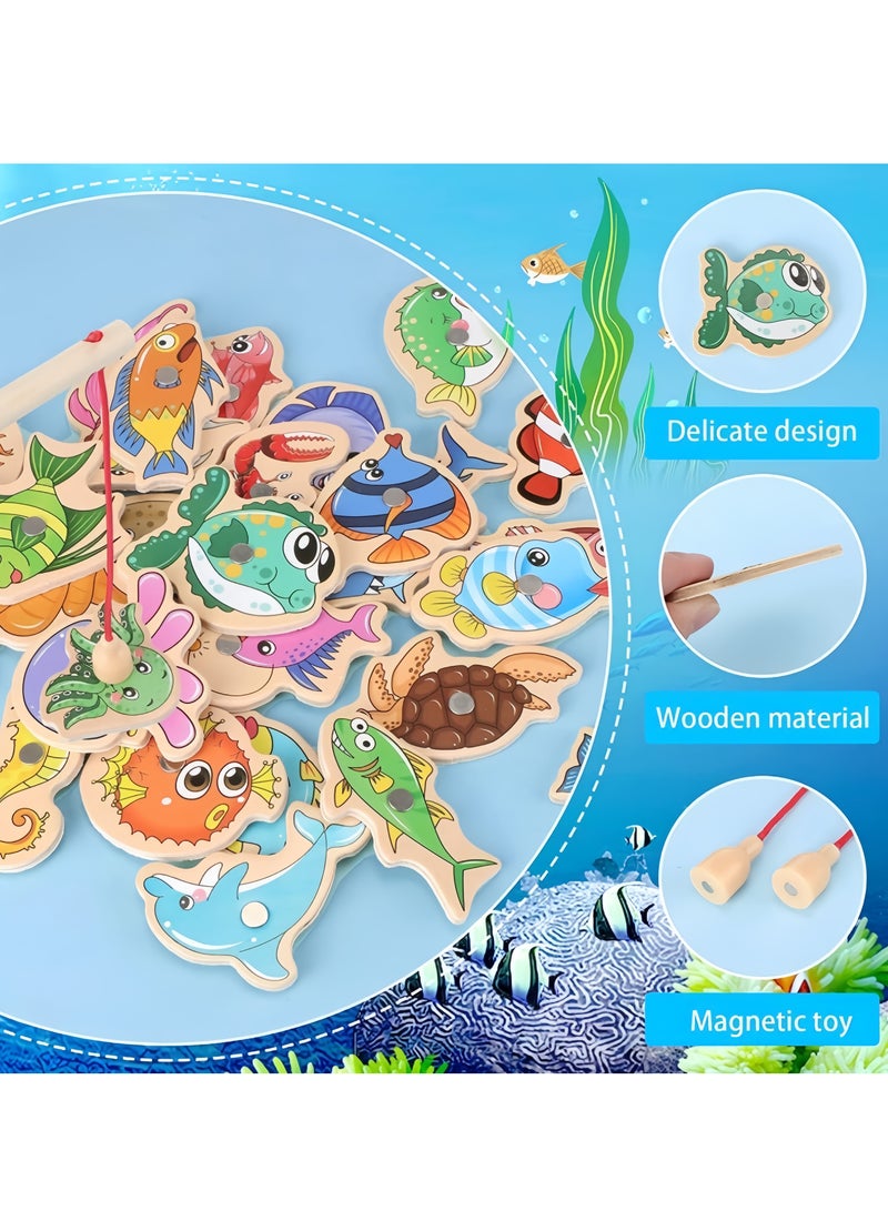 Magnetic Fishing Toy Set – 31 Sea Creatures Learning Game for Toddlers,  Fishing Game Toy With  2 Fishing Rod and Fishing Bucket, Wooden Magnetic Double Pole Fun Fishing Play, Fun & Educational Toy  for 1+ Year Kids  - Image 5