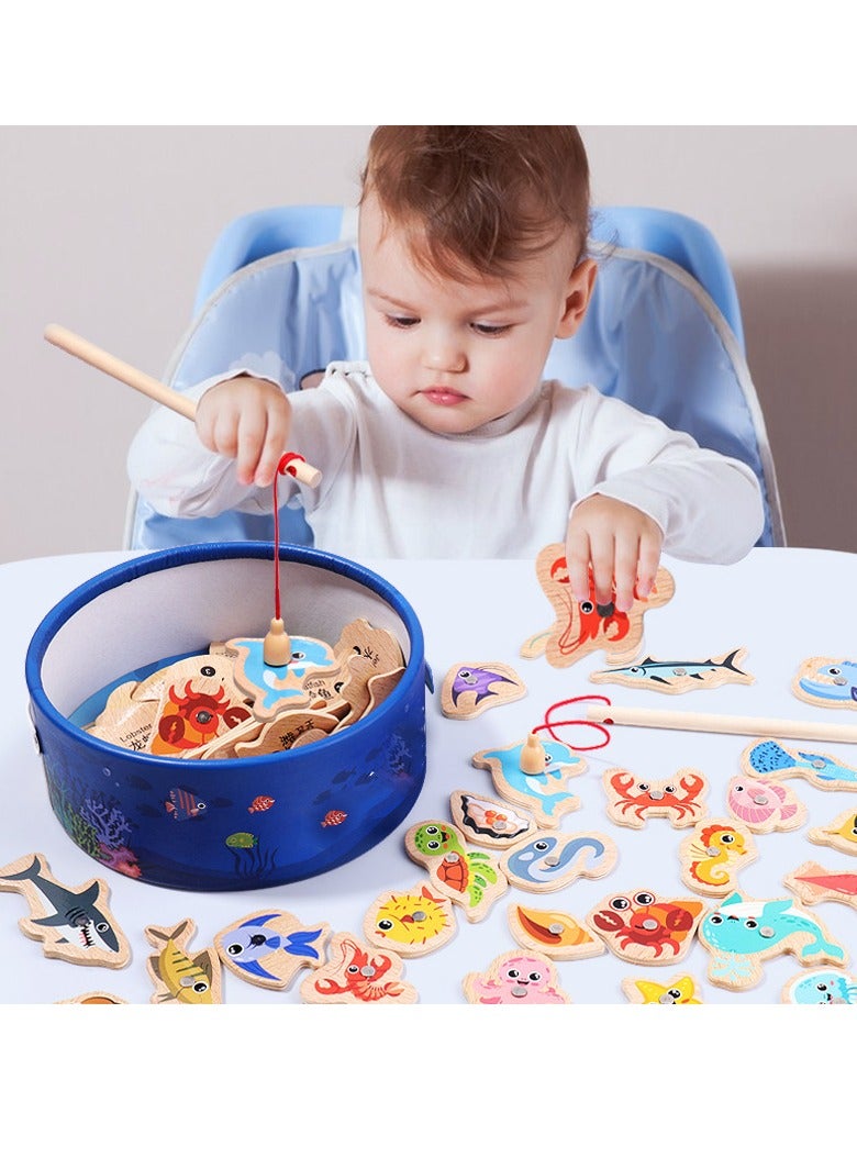 Magnetic Fishing Toy Set – 31 Sea Creatures Learning Game for Toddlers,  Fishing Game Toy With  2 Fishing Rod and Fishing Bucket, Wooden Magnetic Double Pole Fun Fishing Play, Fun & Educational Toy  for 1+ Year Kids  - Image 2