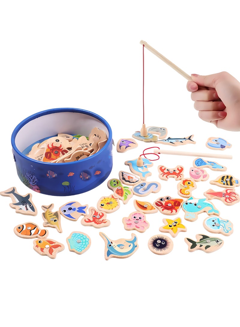 Magnetic Fishing Toy Set – 31 Sea Creatures Learning Game for Toddlers,  Fishing Game Toy With  2 Fishing Rod and Fishing Bucket, Wooden Magnetic Double Pole Fun Fishing Play, Fun & Educational Toy  for 1+ Year Kids  - Image 1