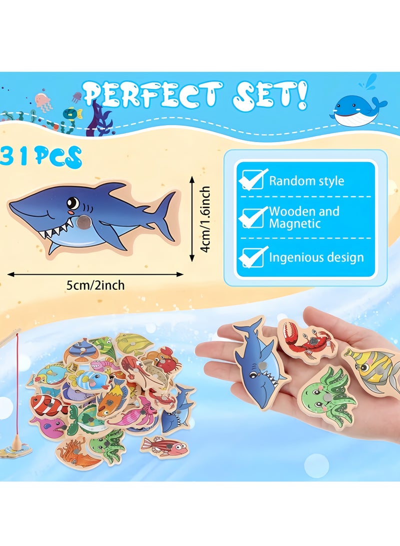 Magnetic Fishing Toy Set – 31 Sea Creatures Learning Game for Toddlers,  Fishing Game Toy With  2 Fishing Rod and Fishing Bucket, Wooden Magnetic Double Pole Fun Fishing Play, Fun & Educational Toy  for 1+ Year Kids  - Image 3