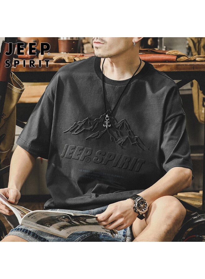 JEEP SPIRIT Jeep Spirit Men's Short Sleeve T-shirt Men's Printed Top Round Neck Casual Undershirt Deep Gray Xl  - Image 1