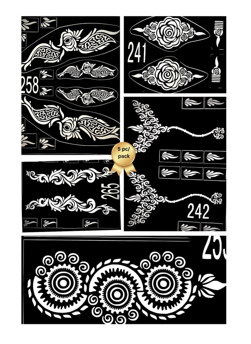 MANAAL HOME - Henna Mehndi Stencils 5 piece Floral Pattern Henna Tattoo Stencil Kit Temporary Mould Stickers for Hand and Feet Glitter Airbrush Tattoo Stencils Arabian Tattoo Stickers for Face Body Paint Art - Image 1
