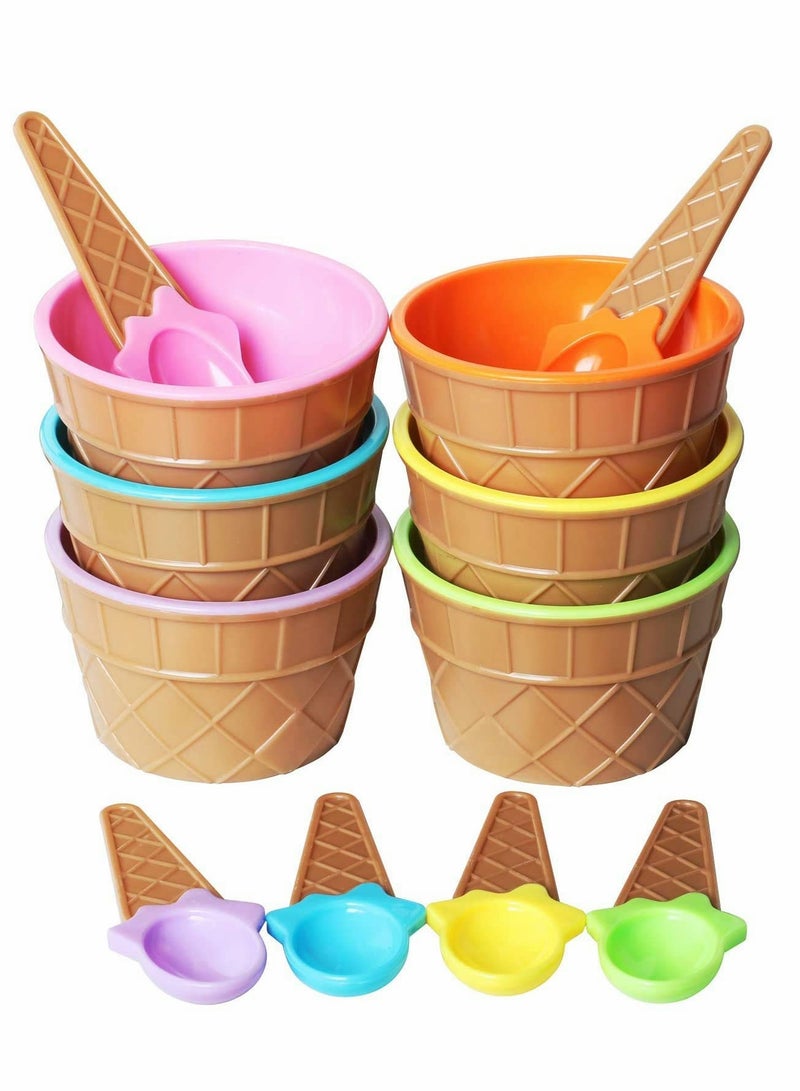 Ice Cream Dessert Bowls and Matching Spoons, Plastic, Assorted lovely Colours, Wafer Design,Set of 6 - Image 4