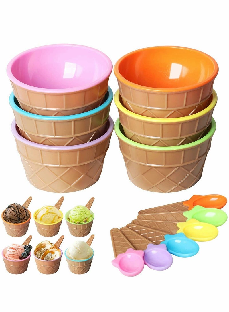 Ice Cream Dessert Bowls and Matching Spoons, Plastic, Assorted lovely Colours, Wafer Design,Set of 6 - Image 3