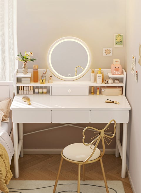 Sharpdo Simple Style Dresser with  LED Mirriors, Vanity Table with Drawers, Bedroom Bedside table, Makeup Table for Bedroom 100*40*125.5CM (NO Chair)