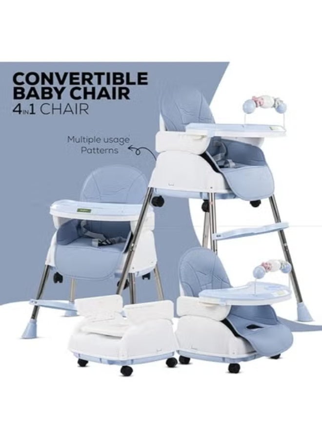 بايبي الرضع طفل 4 في 1 نورا للتحويل كرسي عال للأطفال مع ارتفاع قابل للتعديل ومسند للقدمين ، تغذية الطفل مقعد معزز بحزام أمان مع صينية ، عجلات ، وسادة لمدة 6 أشهر إلى 4 سنوات (أزرق) - Image 3
