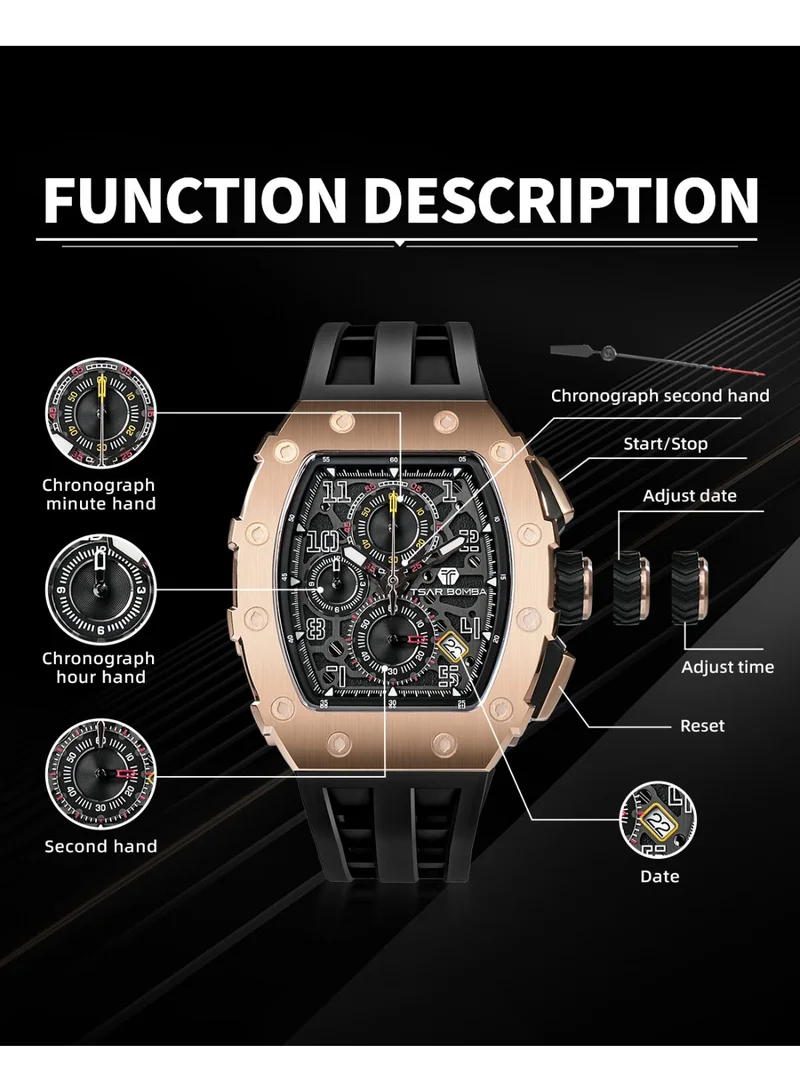 Tsar Bomba  TSAR BOMBA Men's 50M Waterproof Luxury Tonneau Watch With Silicone Bands, Japanese Quartz Movement Chronograph - Gifts for Men for Men | Best Price UAE