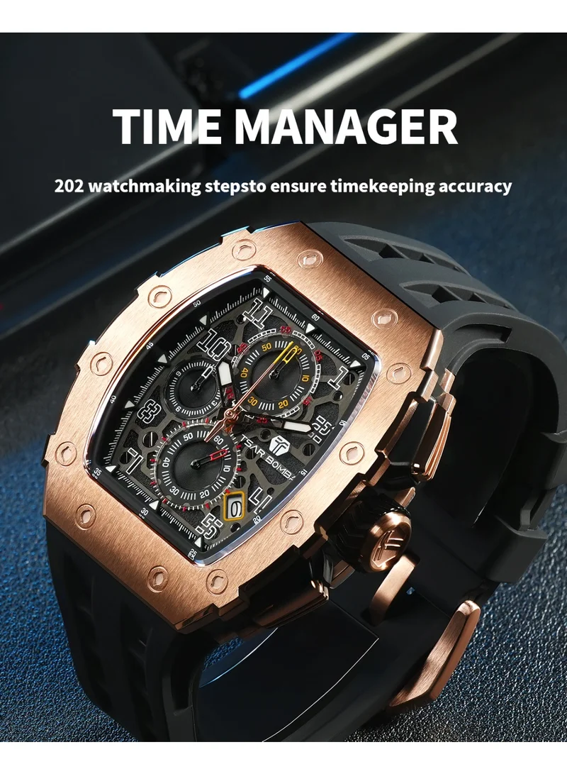 TSAR BOMBA TSAR BOMBA Men's 50M Waterproof Luxury Tonneau Watch With Silicone Bands, Japanese Quartz Movement Chronograph - Gifts for Men