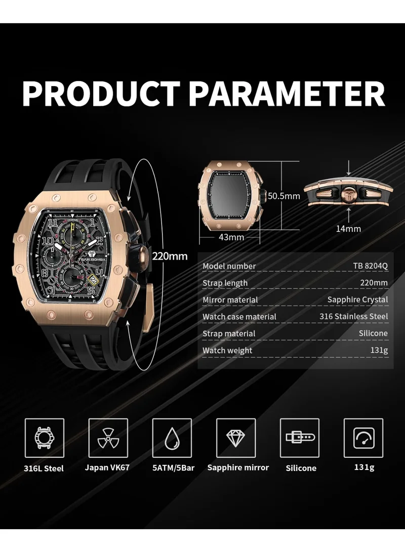 Tsar Bomba  TSAR BOMBA Men's 50M Waterproof Luxury Tonneau Watch With Silicone Bands, Japanese Quartz Movement Chronograph - Gifts for Men for Men | Best Price UAE