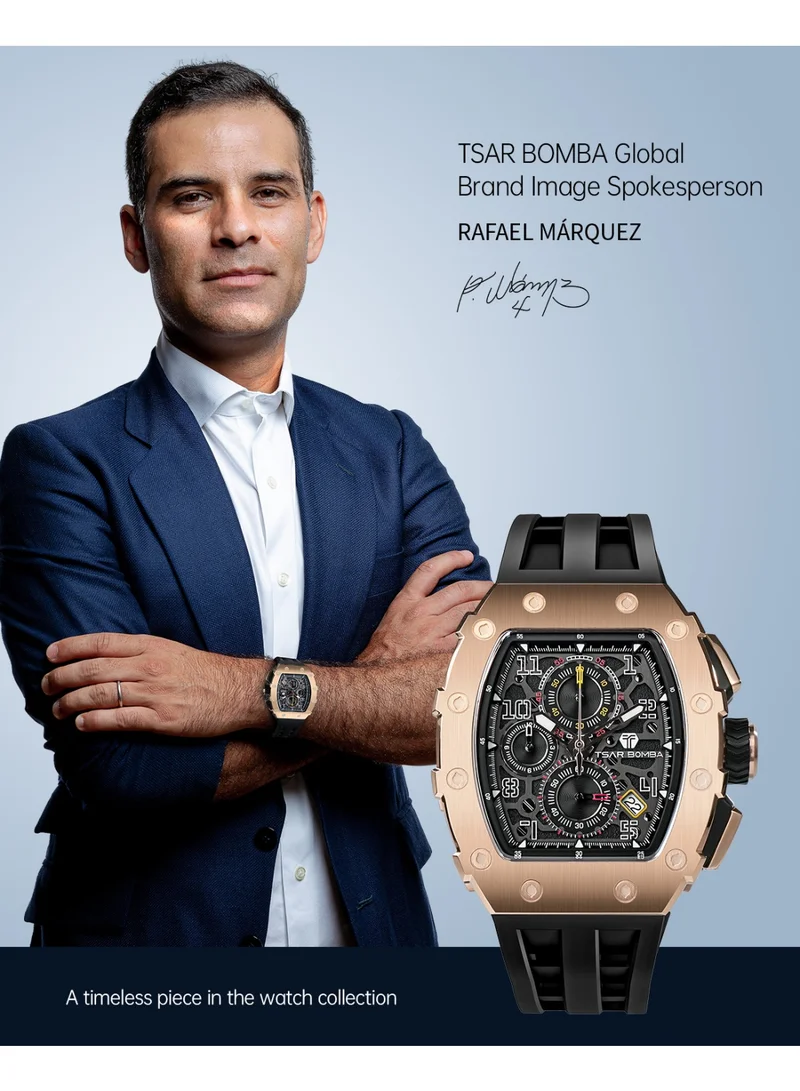 TSAR BOMBA TSAR BOMBA Men's 50M Waterproof Luxury Tonneau Watch With Silicone Bands, Japanese Quartz Movement Chronograph - Gifts for Men