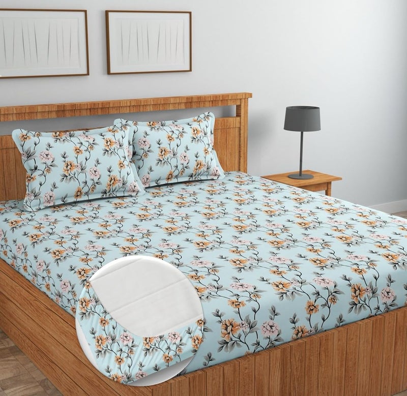NEW LEAF Pure Cotton All Round Elastic Fitted Bedsheets for Double Bed with 2 Pillow Covers 220tc Supersoft |Wrinkel-Free Size - 72x78+10 inches, Sky Blue - Image 5