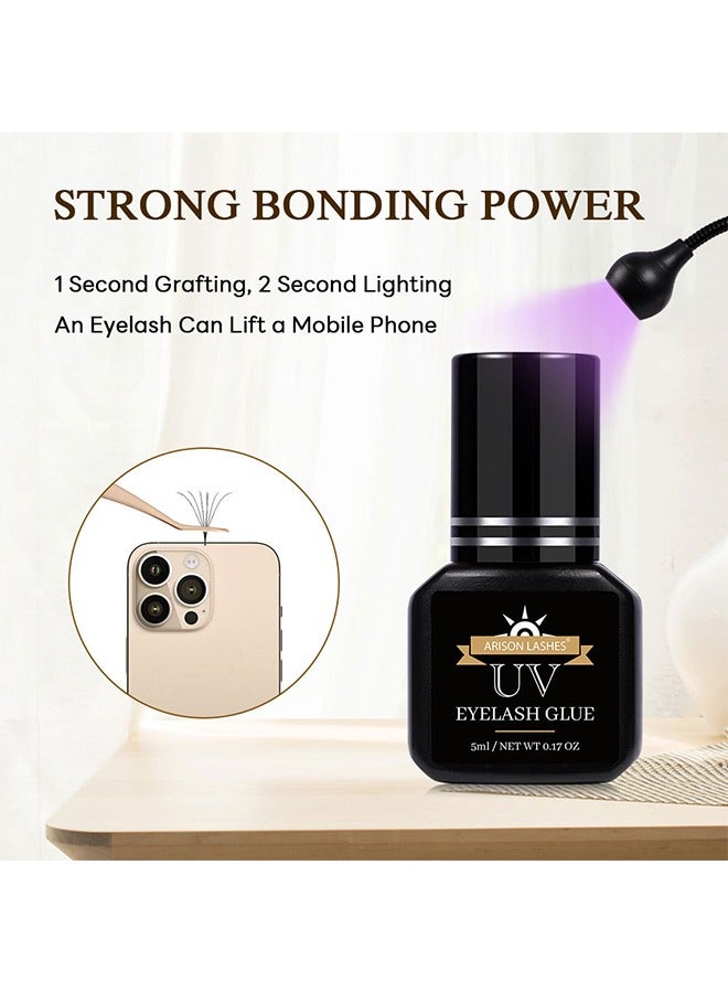أريسون لاشز مجموعة غراء الرموش ذات حلقة لاصقة، مجموعة لاصقة من الرموش فوق البنفسجية، غراء امتداد رموش أكثر قوة، مقاومة للماء ومقاومة للزيت، للاستخدام الاحترافي يجب أن يحتوي فقط على مصباح الأشعة فوق البنفسجية، 5 مل - Image 3