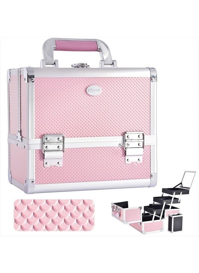 Joligrace - Makeup Train Case Cosmetic Box 10 Inches Jewelry Organizer Professional 3 Tiers Trays with Mirror and Brush Holder Lockable Key Portable Travel Mermaid Pink - Image 1