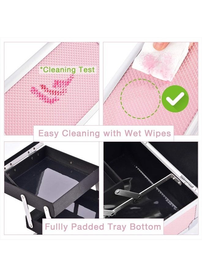 Joligrace - Makeup Train Case Cosmetic Box 10 Inches Jewelry Organizer Professional 3 Tiers Trays with Mirror and Brush Holder Lockable Key Portable Travel Mermaid Pink - Image 1