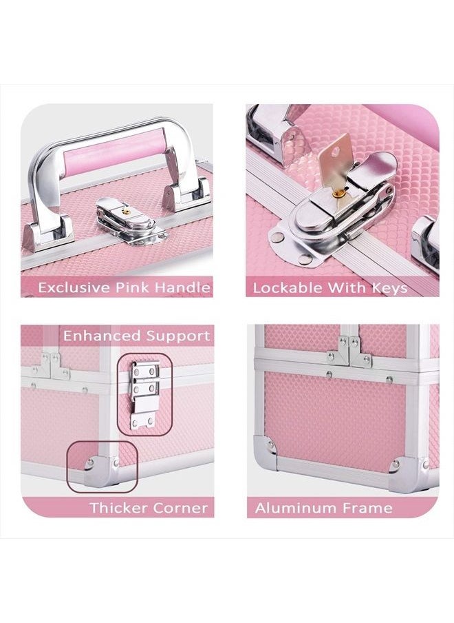 Joligrace - Makeup Train Case Cosmetic Box 10 Inches Jewelry Organizer Professional 3 Tiers Trays with Mirror and Brush Holder Lockable Key Portable Travel Mermaid Pink - Image 1