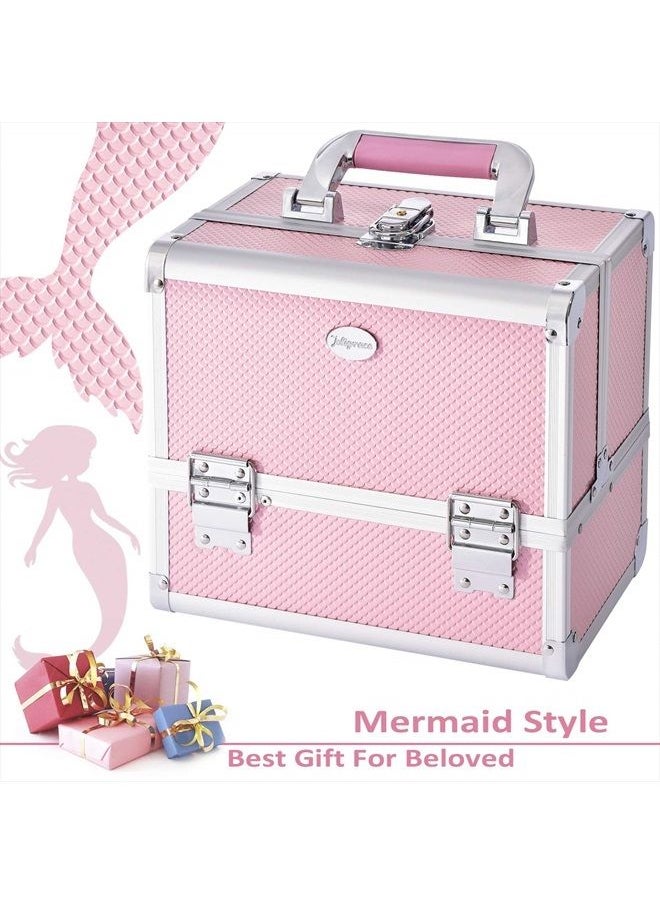Joligrace - Makeup Train Case Cosmetic Box 10 Inches Jewelry Organizer Professional 3 Tiers Trays with Mirror and Brush Holder Lockable Key Portable Travel Mermaid Pink - Image 1