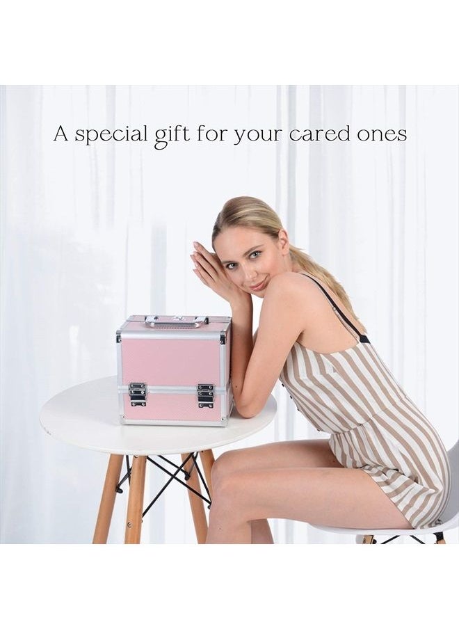 Joligrace - Makeup Train Case Cosmetic Box 10 Inches Jewelry Organizer Professional 3 Tiers Trays with Mirror and Brush Holder Lockable Key Portable Travel Mermaid Pink - Image 1