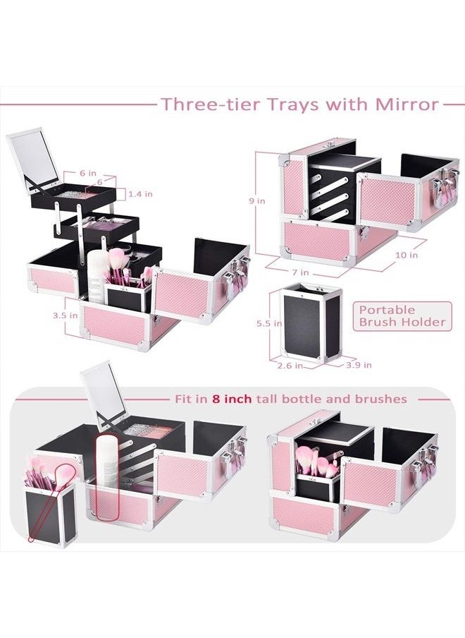 Joligrace - Makeup Train Case Cosmetic Box 10 Inches Jewelry Organizer Professional 3 Tiers Trays with Mirror and Brush Holder Lockable Key Portable Travel Mermaid Pink - Image 1