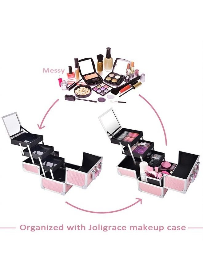 Joligrace - Makeup Train Case Cosmetic Box 10 Inches Jewelry Organizer Professional 3 Tiers Trays with Mirror and Brush Holder Lockable Key Portable Travel Mermaid Pink - Image 1
