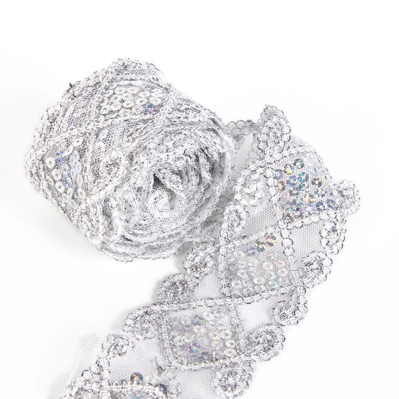 DAVID ACCESSORIES Sequins Lace Mesh Trim Lace Ribbon Applique Sewing Craft Supplies 10 Yards for Clothing Curtain Table Runner Making Decorating Silver