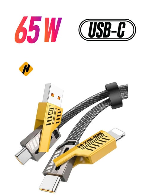 USB C Cable Lightning Cable [65W 4 in 1 Fast Charging Cable] Flat Braided USB C to USB C Charger Cord, Multi Charging Cable Combo Type C/USB A/Lightning Port for iPhone/iPad/Samsung, 3ft