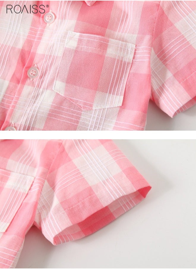 roaiss - 2-piece Boys' Gentleman Set Checkered Short Sleeved Shirt and Strap Shorts (With a Small Bow Tie As a Gift) - Image 1