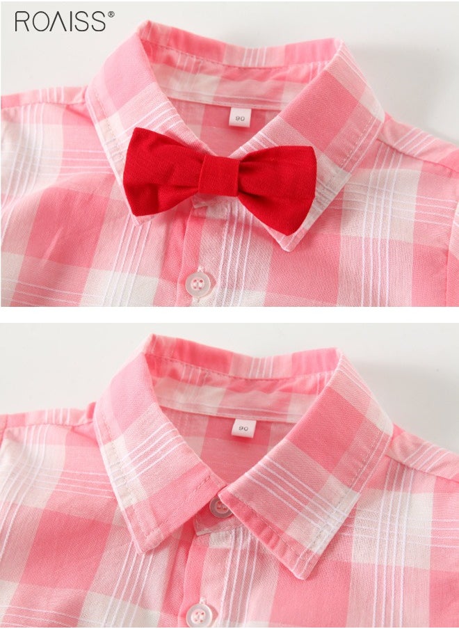 roaiss - 2-piece Boys' Gentleman Set Checkered Short Sleeved Shirt and Strap Shorts (With a Small Bow Tie As a Gift) - Image 1