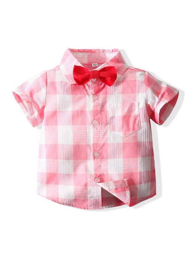 roaiss - 2-piece Boys' Gentleman Set Checkered Short Sleeved Shirt and Strap Shorts (With a Small Bow Tie As a Gift) - Image 1
