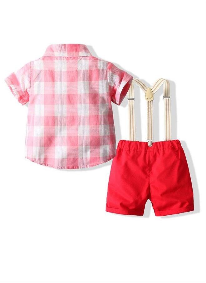 roaiss - 2-piece Boys' Gentleman Set Checkered Short Sleeved Shirt and Strap Shorts (With a Small Bow Tie As a Gift) - Image 1