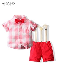 2-piece Boys' Gentleman Set Checkered Short Sleeved Shirt and Strap Shorts (With a Small Bow Tie As a Gift)