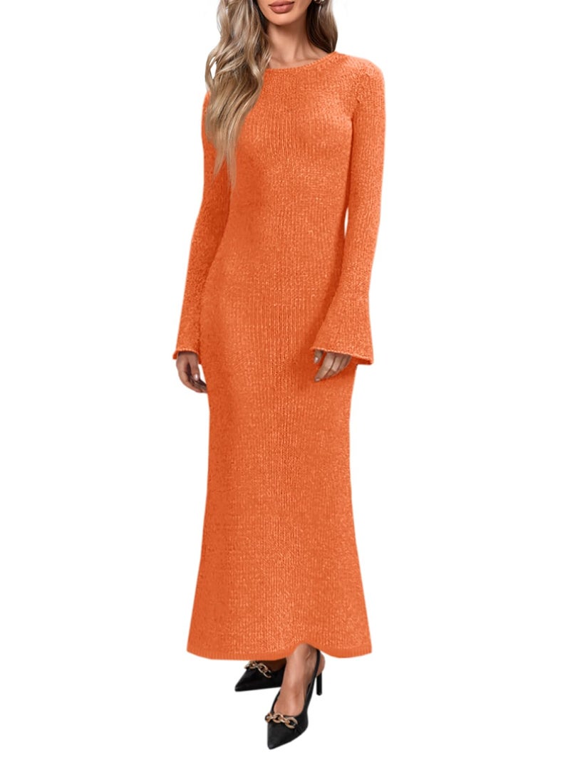 Yousify Womens Bell Long Sleeve Maxi Dress Casual Crewneck Knit Slim Fit Flowy Sweater Dresses Orange - Image 1