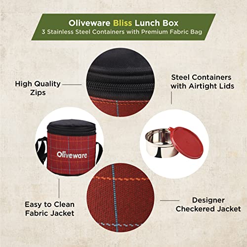 SOPL-OLIVEWARE Oliveware Bliss Lunch Box, 100% Leak Proof, 3 Stainless Steel Containers with BPA Free Airtight Lids (300 ml, 450 ml, 600 ml), Fabric Bag - Red - Image 3