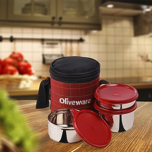 SOPL-OLIVEWARE Oliveware Bliss Lunch Box, 100% Leak Proof, 3 Stainless Steel Containers with BPA Free Airtight Lids (300 ml, 450 ml, 600 ml), Fabric Bag - Red - Image 5