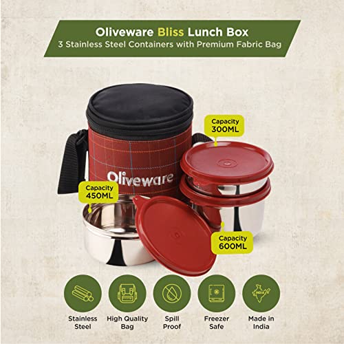 SOPL-OLIVEWARE Oliveware Bliss Lunch Box, 100% Leak Proof, 3 Stainless Steel Containers with BPA Free Airtight Lids (300 ml, 450 ml, 600 ml), Fabric Bag - Red - Image 2
