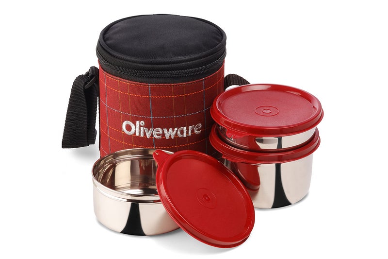SOPL-OLIVEWARE Oliveware Bliss Lunch Box, 100% Leak Proof, 3 Stainless Steel Containers with BPA Free Airtight Lids (300 ml, 450 ml, 600 ml), Fabric Bag - Red - Image 1