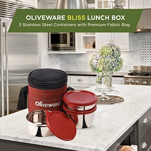SOPL-OLIVEWARE Oliveware Bliss Lunch Box, 100% Leak Proof, 3 Stainless Steel Containers with BPA Free Airtight Lids (300 ml, 450 ml, 600 ml), Fabric Bag - Red - Image 4