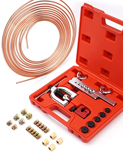 Racewill 25 ft 3/16 Copper Coated Brake Line Kit (Includes 16 Fittings and 4 Unions Brake Line Fittings) + Double & Single Flaring Tool Kit - Image 1