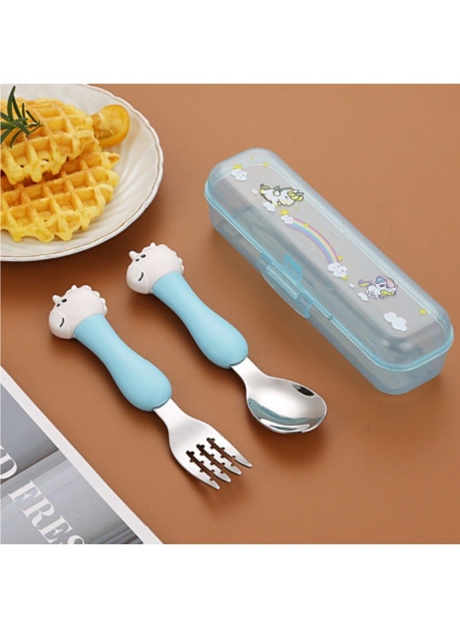 Children's Portable Cutlery Set Stainless Steel Fork And Spoon Set With Storage Box Blue - Image 1