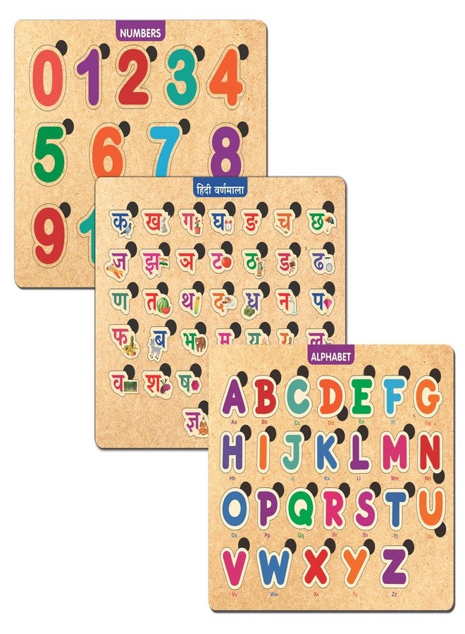 Twinster Wooden Puzzle Toys Board for Kids Education of Age 2 & Above | Sensory Development Puzzle Toy for Boys and Girls (Combo of 3 - Alphabets, Numbers, Hindi Varnamala) - Image 1