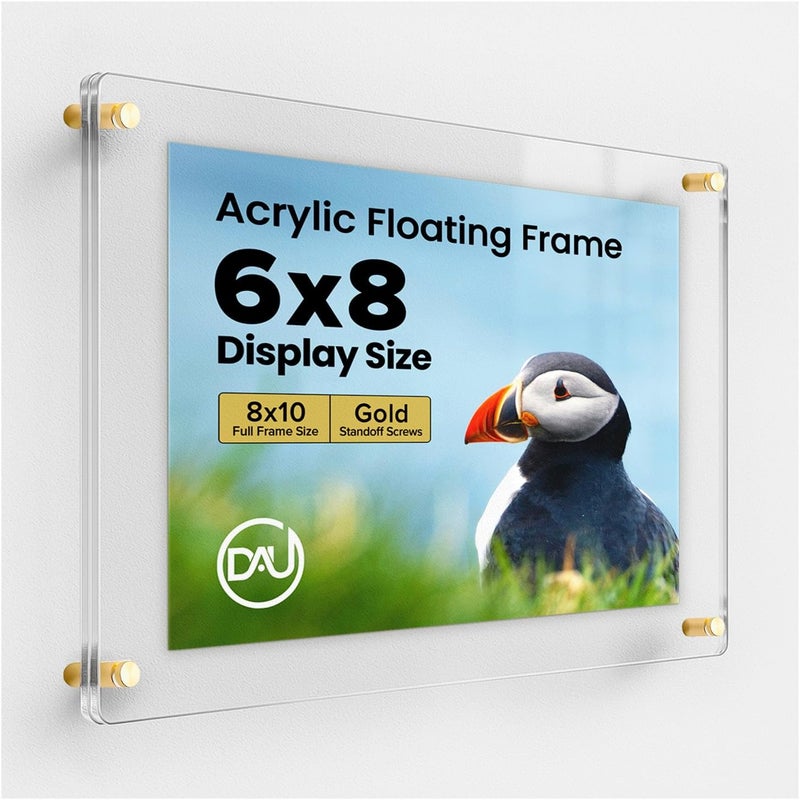 DistinctAndUnique Acrylic Floating Frames Gold Standoffs(single) 6" x 8" Clear Acrylic Frames for Wall Mount Floating Picture Frame, Diploma Poster Certificate Hanging Photo Display Degree Prints Artwork Documents - Image 1