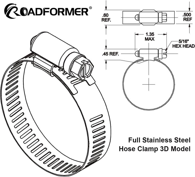 ROADFORMER 5" Worm Gear Hose Clamp - SAE 80 Size, Full Stainless Steel with 1/2" Band Width, Working Range 116mm - 140mm Hose Clamps,10 Pack - Image 4