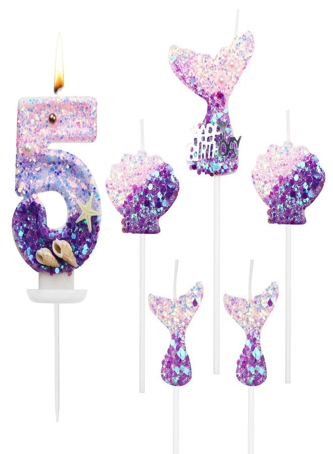 QEEYON 6Pcs Birthday Candles 2.5 inch Mermaid Theme Cake Candles for Birthday Cake Topper Decor-- 1Pcs Number 5, 3Pcs Mermaid Tails, 2Pcs Shells - Image 1