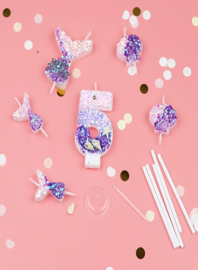 QEEYON 6Pcs Birthday Candles 2.5 inch Mermaid Theme Cake Candles for Birthday Cake Topper Decor-- 1Pcs Number 5, 3Pcs Mermaid Tails, 2Pcs Shells - Image 3