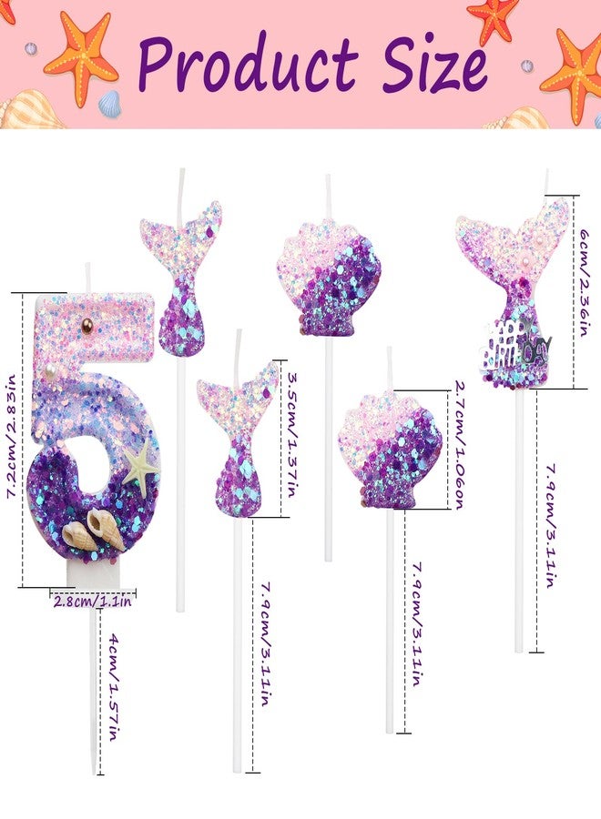 QEEYON 6Pcs Birthday Candles 2.5 inch Mermaid Theme Cake Candles for Birthday Cake Topper Decor-- 1Pcs Number 5, 3Pcs Mermaid Tails, 2Pcs Shells - Image 2