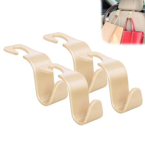 Amooca Universal Multifunctional Car Vehicle Headrest Hook, Organizer Hanger Storage Hook for Bag Purse Cloth Grocery (Beige Set of 4) - Image 1