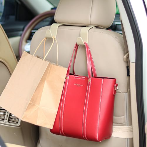 Amooca Universal Multifunctional Car Vehicle Headrest Hook, Organizer Hanger Storage Hook for Bag Purse Cloth Grocery (Beige Set of 4) - Image 2