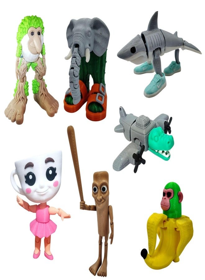 Ekopedia Tung Tung Tung Sahur Action Figure, Lirili Larila,Shark, 3D Chimpanzini Bananini Italian Brainrot Collectible 3D Printed 100% Plastic Free Articulated Model with Bat (Pack of 7) - Image 1