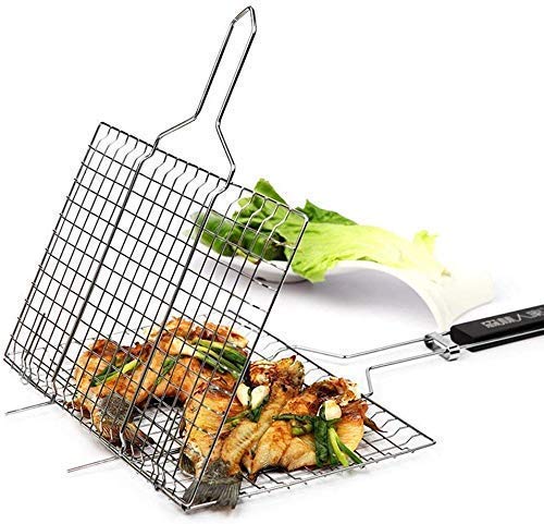Ngel شبكة شواء باربكيو مطلية بالكروم من نجل مع مقبض خشبي للأسماك والخضروات والستيك والجمبري والقطع الغذائية الأخرى - Image 1