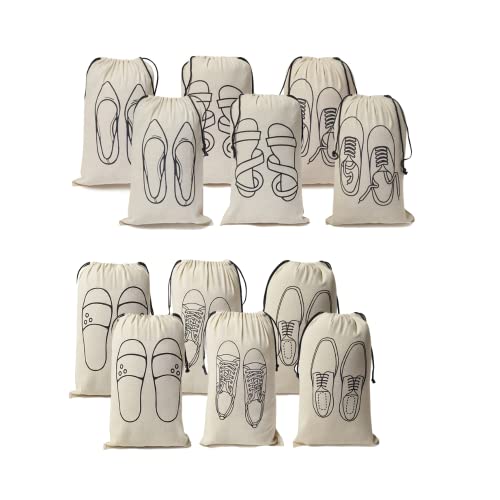 IVILLAGE Premium Reusable and Washable 100% Pure Cotton Fabric Shoe Covers/Bags with Drawstring Closure|Handcrafted Doodle Collection|Ideal for Travel, Home and Storage|Pack of 12|Off-White|Unisex - Image 1